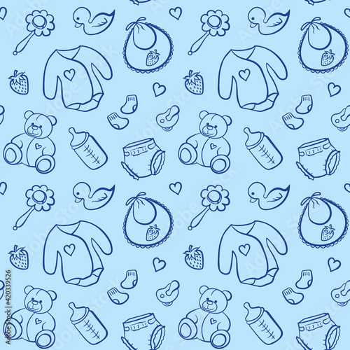 Cartoon newborn baby boy clothes toys things monochrome blue line art vector seamless pattern texture background