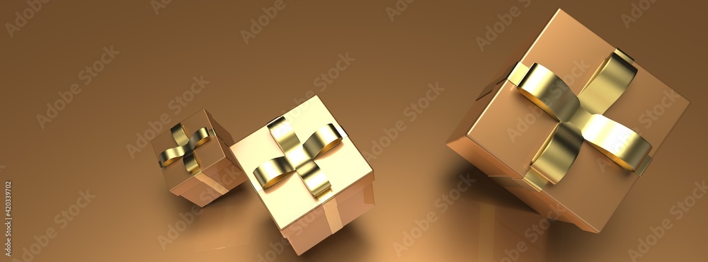 Blown Gold closed gift boxes with gold ribbon on black background. 3D illustration. 3D CG. 3D high quality rendering.