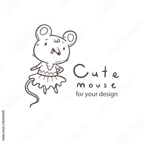 Vector card with cute cartoon mouse in dress. Doodle animal poster. Funny fashion print. Childrens contour illustration.