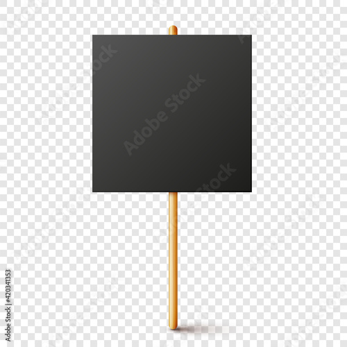 Blank black protest sign with wooden holder. Realistic vector demonstration banner. Strike action cardboard placard mockup.