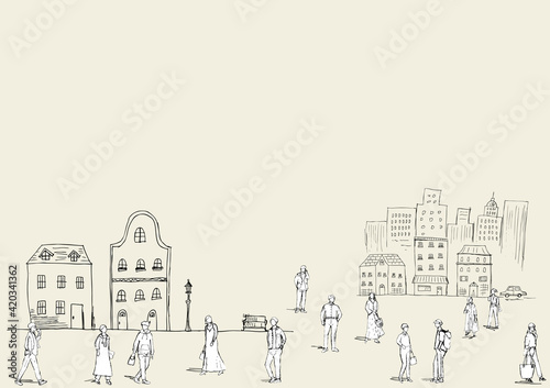 鉛筆描き　街の人々