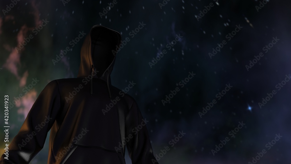 Anonymous hacker with black hoodie in shadow under space sky spot lighting background. Dangerous criminal concept image. 3D CG. 3D illustration. 3D high quality rendering.