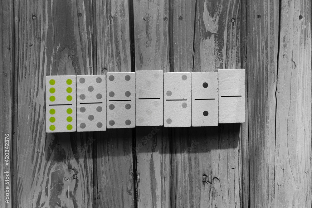 A row of Domino
es, face-up, from double sixes to double zero. A row of Domino
es, face-up, from double sixes to double zero.