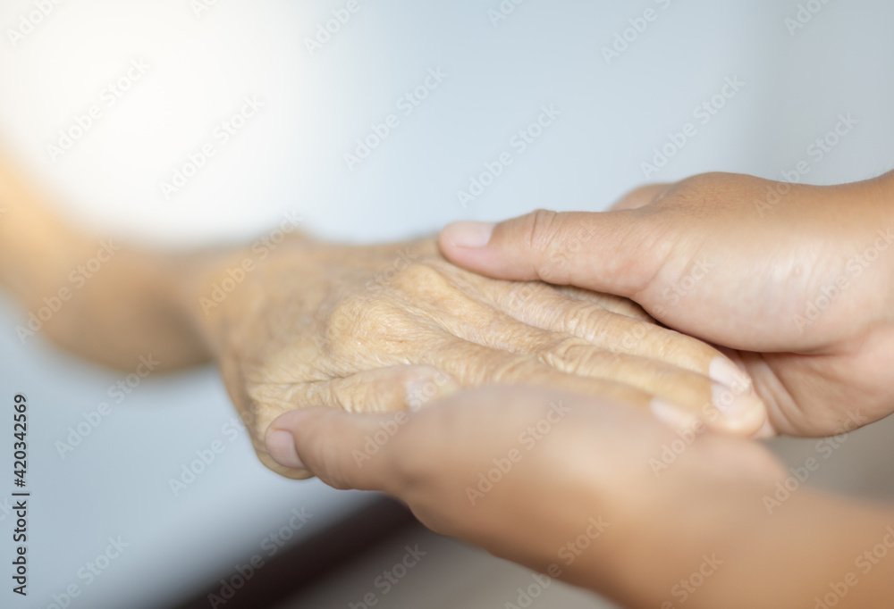 Fototapeta premium Female hand holding with her father for supporting senior old man in her house, while her father is patient and waiting for recover their health.