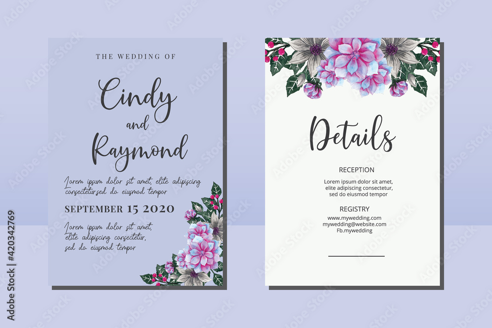 Wedding invitation frame set, floral watercolor hand drawn Dahlia Flower design Invitation Card Template