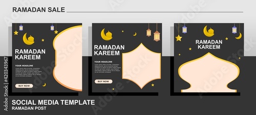 Editable black ad banner template for Ramadan. Collection of social media post templates. Layout designs for marketing on social networks