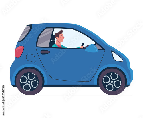 Eco electric car, illustration in flat style. An environmentally friendly alternative vehicle. Blue beautiful car that does not harm the environment. Vector