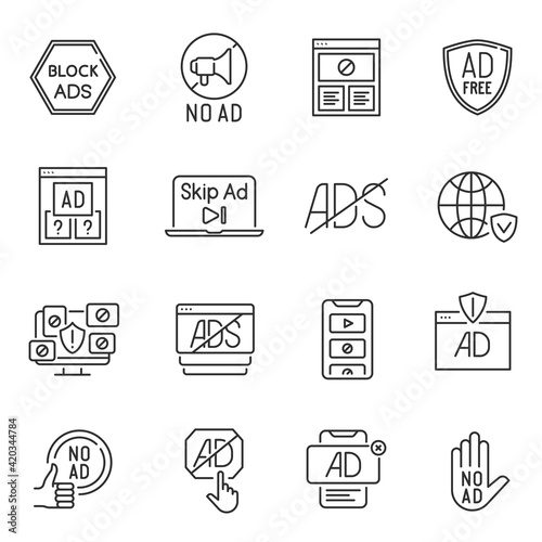 Collection lineart monochrome no ads icons vector illustration ad blocking ban remove advertisement
