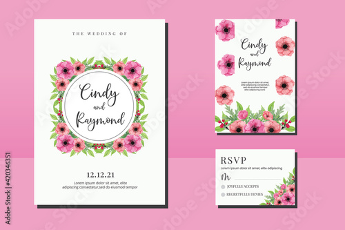 Wedding invitation frame set, floral watercolor hand drawn Anemone Flower design Invitation Card Template