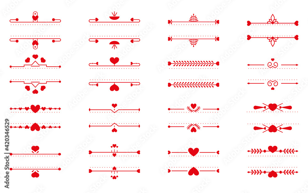 Set of red text frames thin line and heart element. Romantic elegant ornamental decor text frame contour great for design for book page text, card, menu on Valentines Day Isolated vector illustration