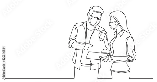 two coworkers wearing face masks talking together about work - one line drawing © OneLineStock
