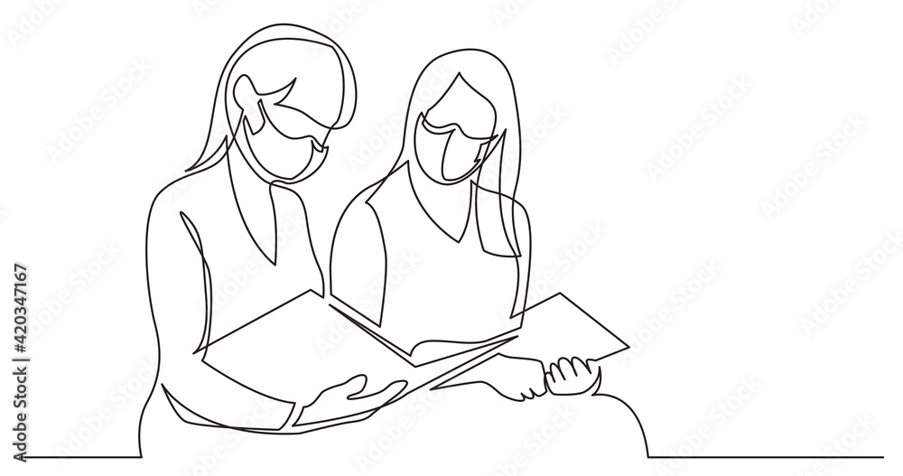 continuous line drawing of two young women reading book wearing face masks continuous line drawing of two young women reading book wearing face masks