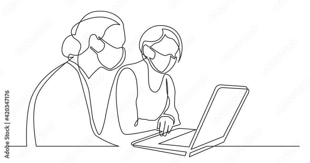 continuous line drawing of two women sitting and watching laptop computer wearing face masks continuous line drawing of two women sitting and watching laptop computer wearing face masks