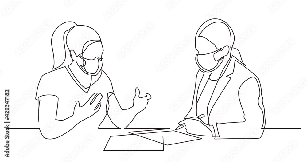 continuous line drawing of two women discussing signing paperworks wearing face masks continuous line drawing of two women discussing signing paperworks wearing face masks