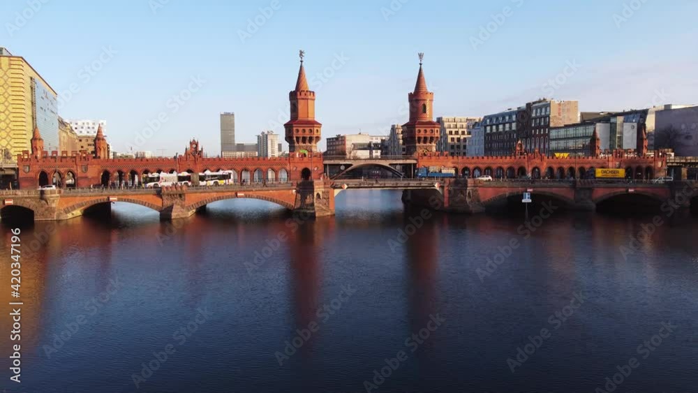 Beautiful Oberbaum Bridge over River Spree in Berlin from above - aerial view. Amazing drone footage Beautiful Oberbaum Bridge over River Spree in Berlin from above - aerial view. Amazing drone footage