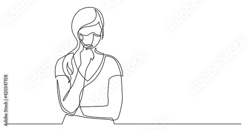 continuous line drawing of woman confused thinking wearing face mask