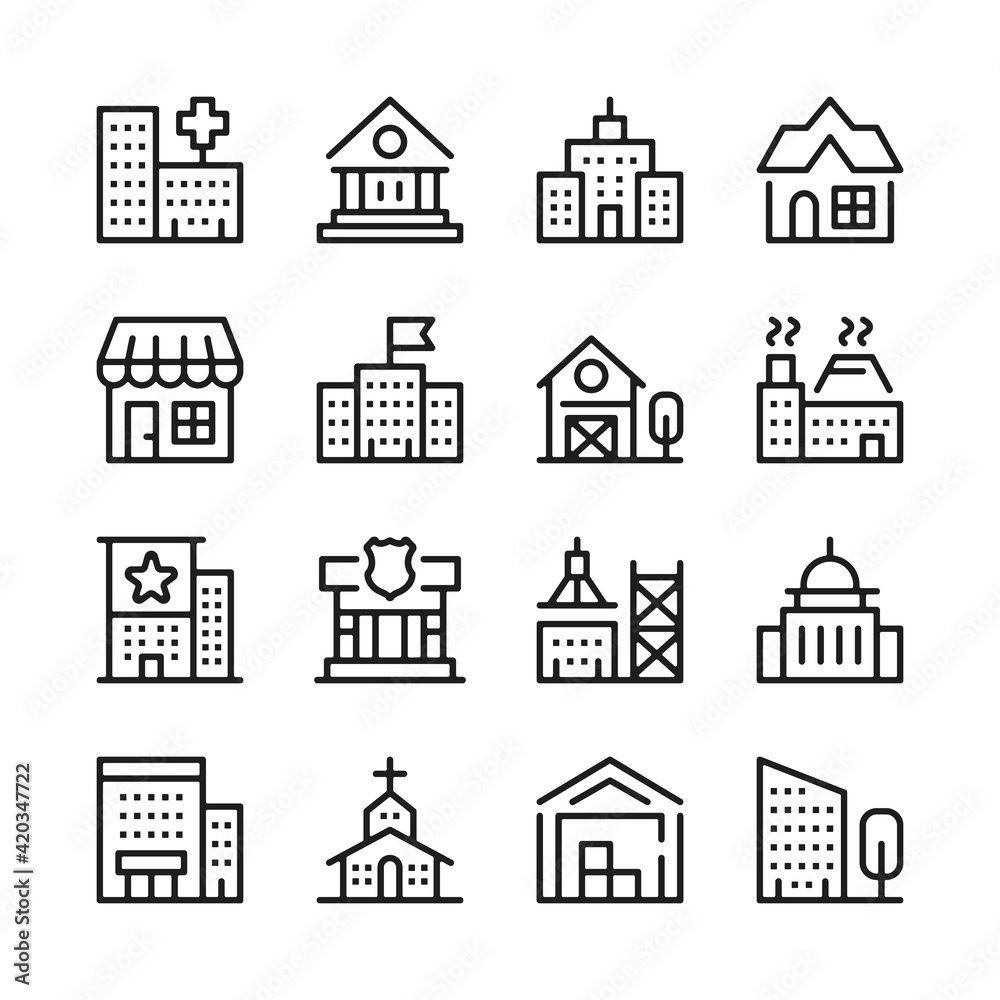 Buildings line icons set. Modern graphic design concepts, simple outline elements collection. Vector line icons