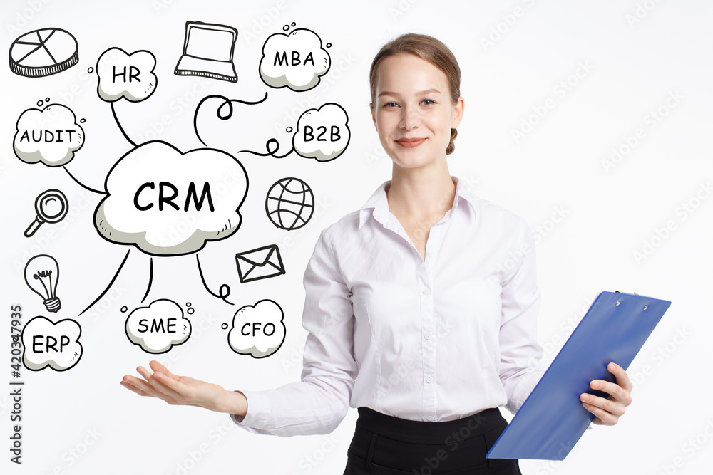 Business, technology, internet and network concept. Young businessman thinks over the steps for successful growth: CRM Business, technology, internet and network concept. Young businessman thinks over the steps for successful growth: CRM