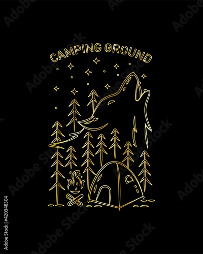 wolf camping ground, mono line art, tee design, T-shirt Design