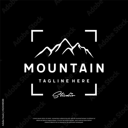 Mountain Landscape with Focus Square Lens Frame for Adventure Outdoor logo design template vector.