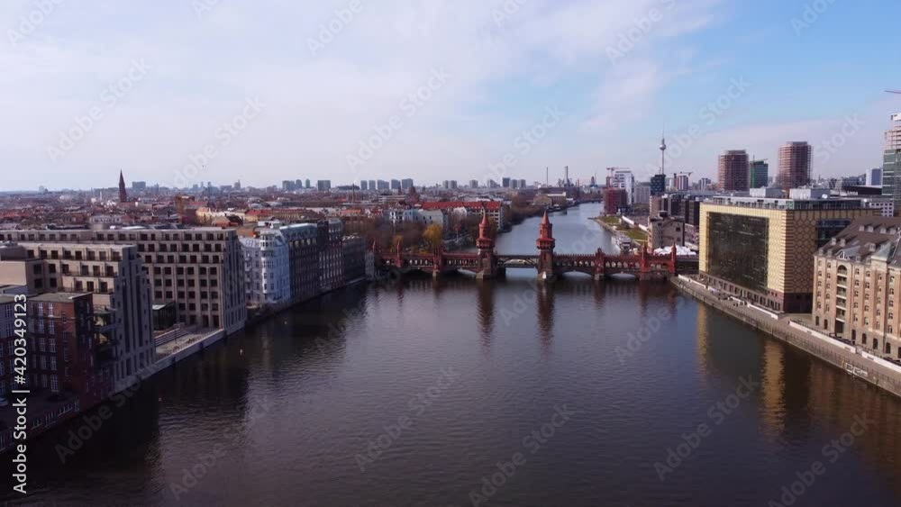 River Spree in the city of Berlin with Oberbaum Bridge. Amazing drone footage River Spree in the city of Berlin with Oberbaum Bridge. Amazing drone footage