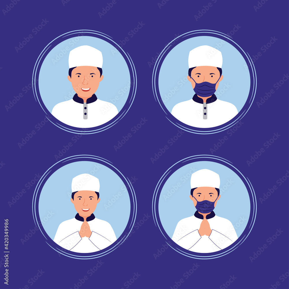 Muslim man wearing masker to avoid covid-19 virus. islamic Life and healthy vector illustration.