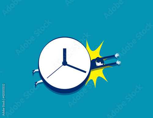 Businesswoman under a big clock with stress and time pressure