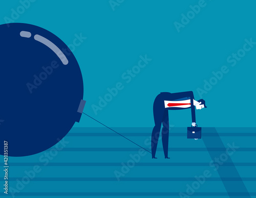 Businessman with tired of dragging the iron ball