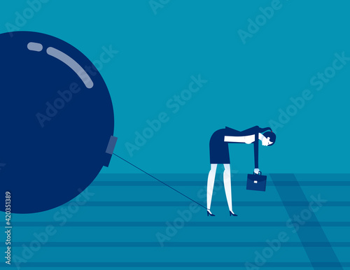 Businesswoman with tired of dragging the iron ball
