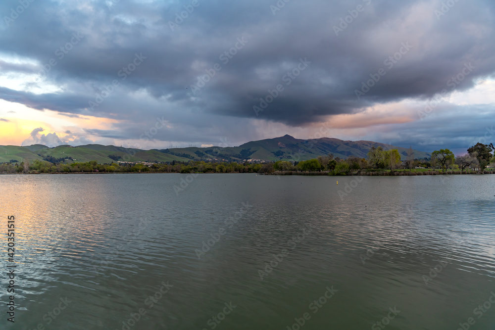 View of Lake Elizabeth and Mount Mission Peak in the evening, Fremont Central Park