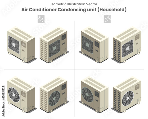 Isometric Vector Aircon Condensing unit type2
Isometric vector as flat design of household air conditioner or condensing unit as all side and shadow installation outside house or balcony residential 