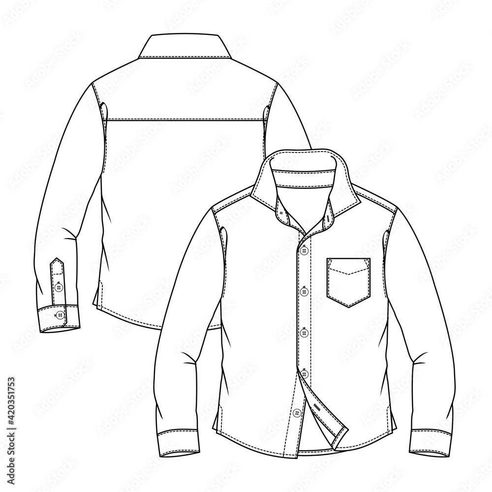 Boys Long Sleeves Shirt fashion flat sketch template. Technical Fashion  Illustration. Shirt CAD. Front Placket with Button closure. Chest Pocket  Stock Vector