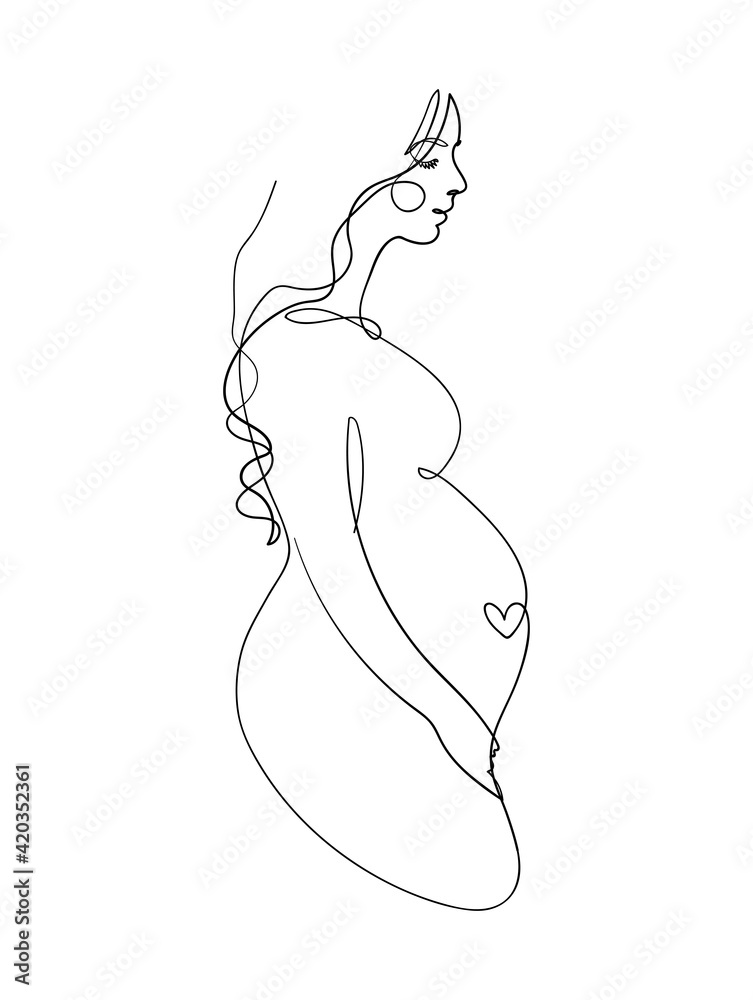 Profile of a pregnant woman and the heart of a baby, drawing with one continuous line. Minimalist sketch of pregnancy, mom with tummy side view. Aesthetic vector illustration.