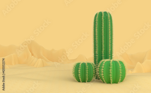 Abstract concept on the topic of the male penis. Three different spiked cacti grow out of the sand in the desert. Infertility and abstinence. 3d illustration