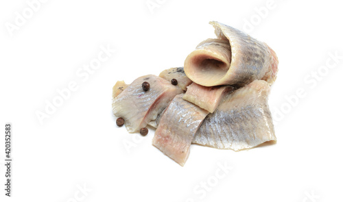 Atlantic salted herring fillet isolated on white background, horizontal view