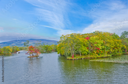 Onuma national park in autumn and Mount Komagatake (Komagatake volcanic) at Hakodate, Hokkaido, Japan.