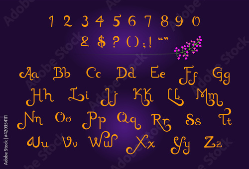 Set of hand drawn script alphabet with number and common symbols on dark lavender colored background. Suitable for wedding invitations, Christmas cards, book titles with fairy tale or fantasy themes