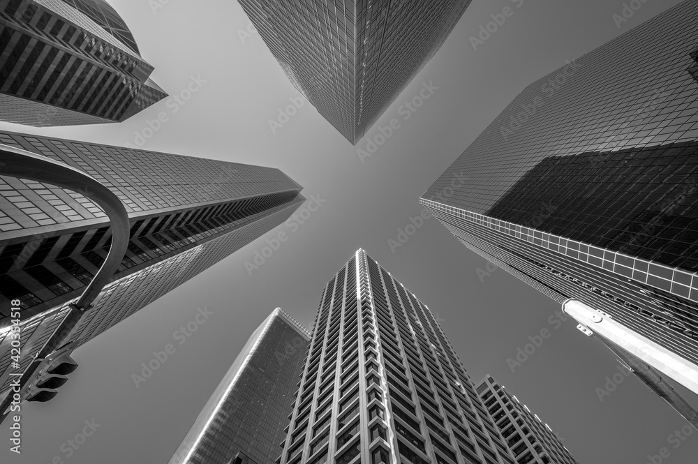 Looking up at office towers. Black and White. 