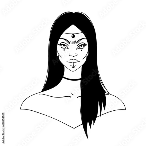 Portrait of an esoteric woman with black hair, gypsy or witch. Flat linear illustration isolated on white background.