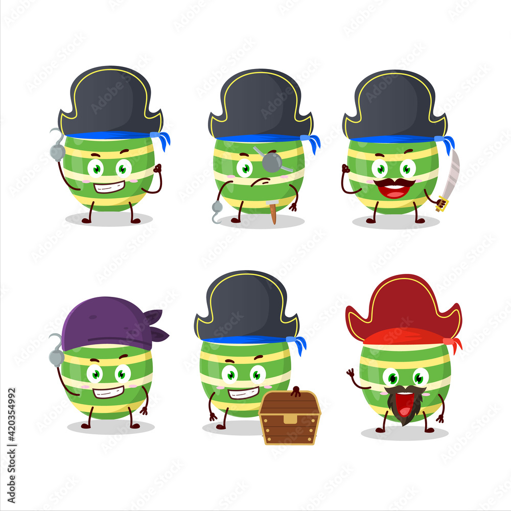 Cartoon character of green easter egg with various pirates emoticons Cartoon character of green easter egg with various pirates emoticons