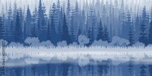 Taiga lake with dense forest and beautiful reflection, morning light