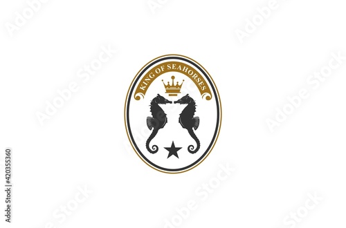 seahorse king logo with added illustration of a seahorse and gold crown