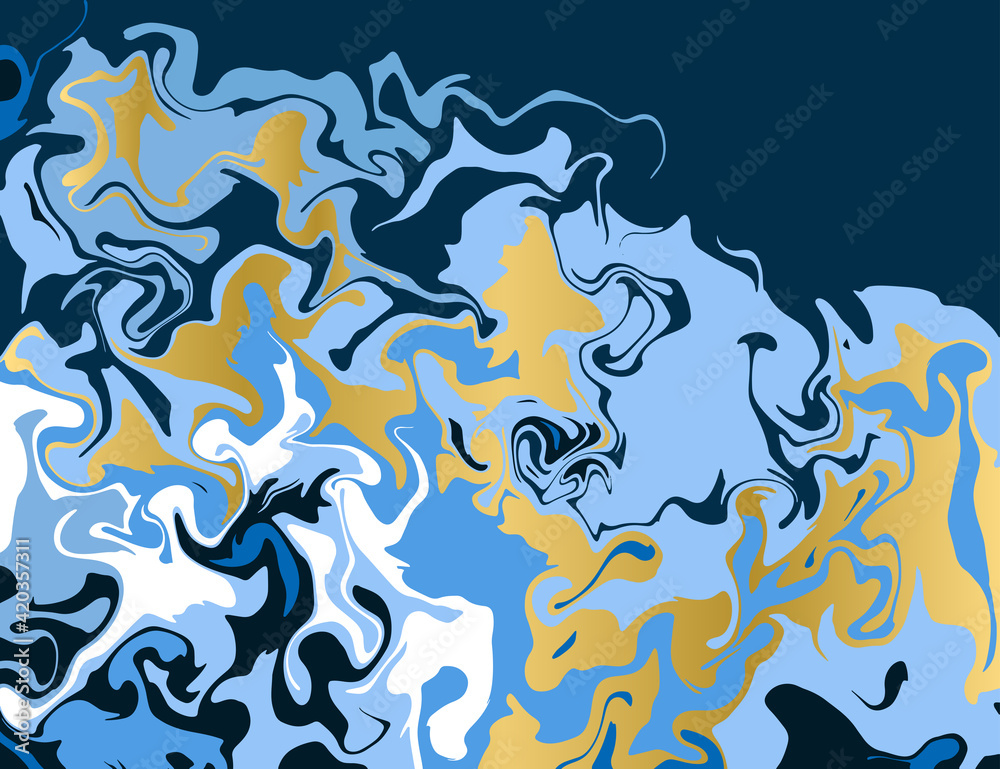 Abstract marble blue and gold print pattern. Vector illustration.