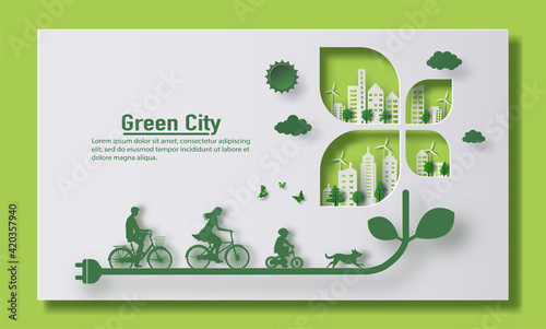 A family riding a bike with a city background, landing page and banner design, paper illustration, and 3d paper.
