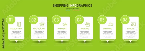 Concept of shopping process with 6 successive steps. Six colorful graphic elements. Timeline design for brochure, presentation, web site. Infographic design layout.