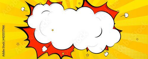 Background in cartoon comics book style. Speech bubble, trace of exploding, clouds and stars. Vector illustration with place for text