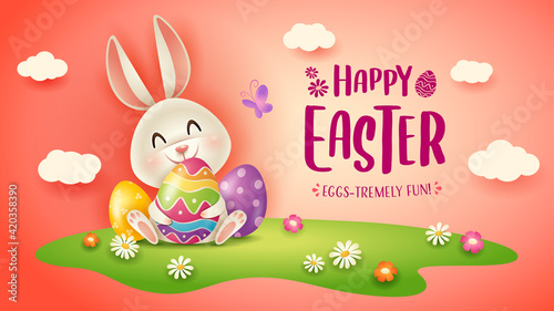 Happy Easter! Easter festival background with bunny and eggs on grass.