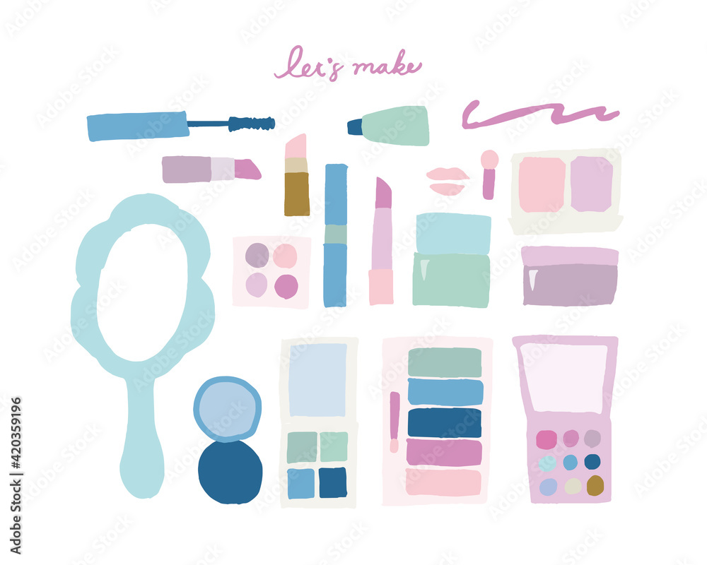 手書きのメイク道具セットイラスト 鏡 アイシャドウ リップ Handwritten Makeup Tool Set Illustration Mirror Eyeshadow Lip Stock Vector Adobe Stock