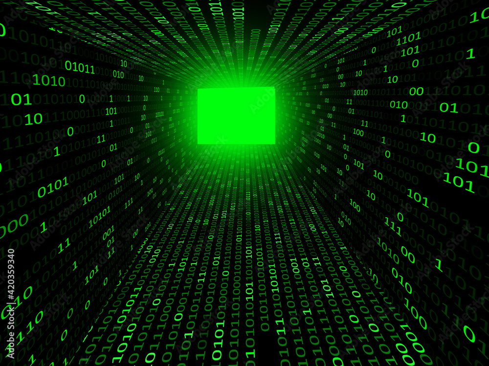 Binary Code 3D Tunnel. Green Abstract technology binary code background. Digital binary Room data secure Concept, deep matrix Passage or Corridor 