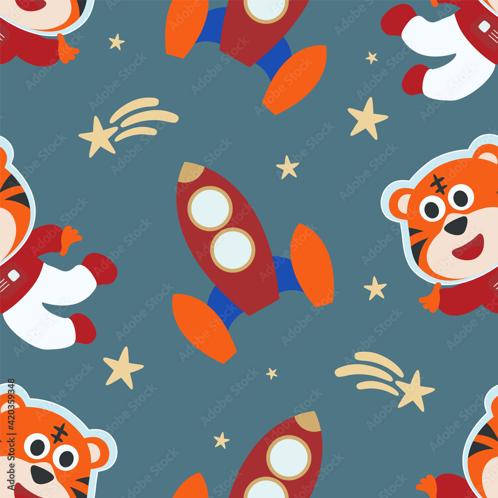 Seamless pattern cute astronaut tiger in space with cartoon style. space rockets, planets, stars. Creative vector childish background for fabric, textile, nursery wallpaper, card, poster. Seamless pattern cute astronaut tiger in space with cartoon style. space rockets, planets, stars. Creative vector childish background for fabric, textile, nursery wallpaper, card, poster.